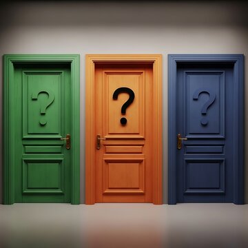 Three doors with question marks, representing choices.