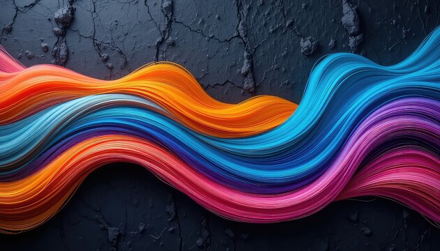 Colorful strands arranged in a wavy pattern against a textured dark background creating contrast
