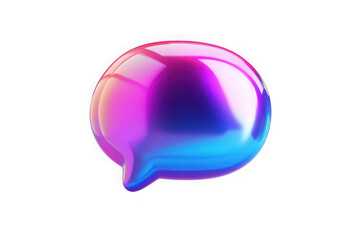 Poster - Vibrant 3d glossy speech bubble icon reflecting neon pink and blue gradients on a black background symbolizing communication and digital messaging