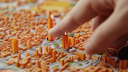 Finger pointing to city model with orange buildings on a detailed map background