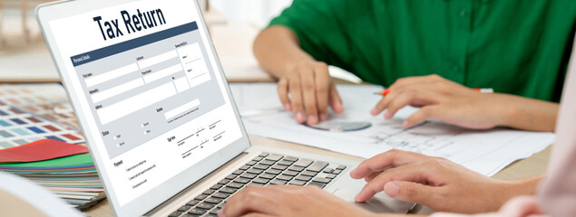 Poster - Online tax return form for submitting individual income tax return form brisk on the internet website. Government web for tax payment and return. Taxation technology concept.
