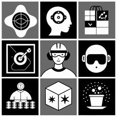 Fototapete - Collection of nine minimalist graphic icons representing technology science and innovation in a grid layout