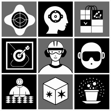 Collection of nine minimalist graphic icons representing technology science and innovation in a grid layout
