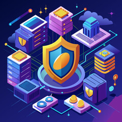 Poster - Cybersecurity concept with a golden shield protecting interconnected digital servers and data in a futuristic isometric network