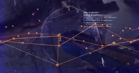 Poster - Engineer lifting device initiating rotating globe nodes and code scrolling for network monitoring