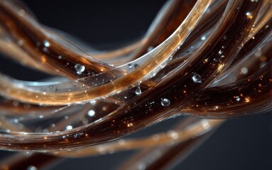 Poster - Close-up view of intertwined strands of hair with droplets creating a shimmering effect in soft light