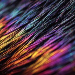 Poster - colorful overhead extreme close up of black fur, under microscope photography, microscopic view of animal hair and feathers in the style of rainbow prismatic colors