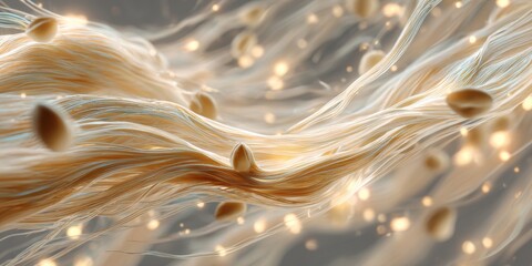 Poster - Hair care science. Abstract representation of flowing hair with seeds and glowing particles in a light background