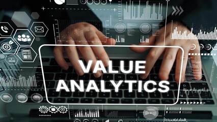 Poster - Hands Typing on Laptop with Overlay of Value Analytics Data and Graphs in a Modern Business Environment. Asymptotic smart data analytic.