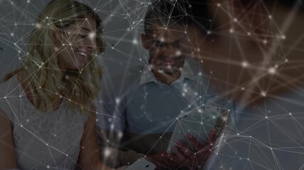 Poster - Man tapping tablet starting content review as coworker pointing at screen under network overlay