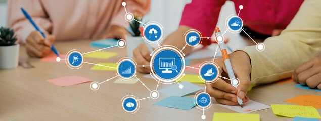 Fototapete - A vibrant collaborative workspace featuring colorful sticky notes and digital icons representing analytics and business strategy insights. Ideal for teamwork and innovation. Amity