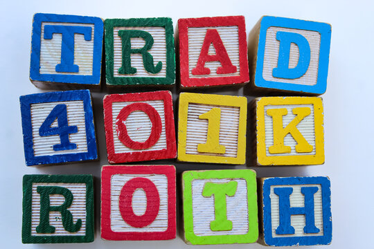 Traditional 401k and Roth 401k building blocks concept for financial literacy. Retirement savings choices background or banner. Business onboarding education graphic element for presentations