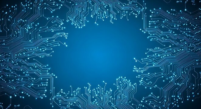 Detailed circuit board design with glowing traces.