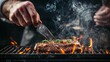 © Juan - Grilling meat steak over open flame barbecue cooking food preparation smoke fire culinary concept