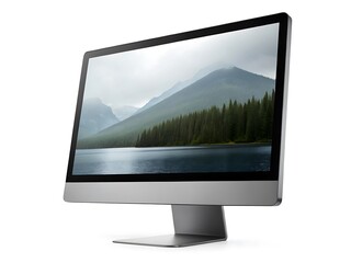 Fototapete - A desktop computer displays a serene mountain lake scene on its screen, isolated on white background
