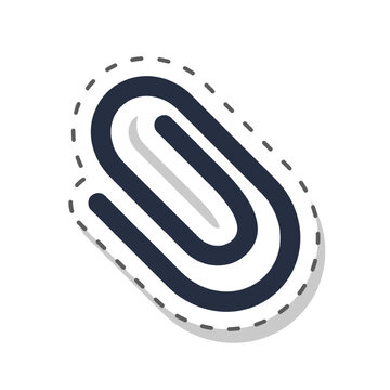 Office paperclip sticker for organizing documents and school papers.  Cartoon vector icon of a paperclip in dark blue, school supply in flat style, isolated with dashed cut out line on transparent
