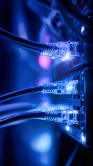 Poster - A network switch with glowing blue data cables in an internet server room