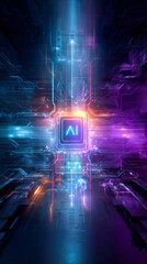 Poster - A futuristic abstract technology background with neon lights and glowing circuit lines