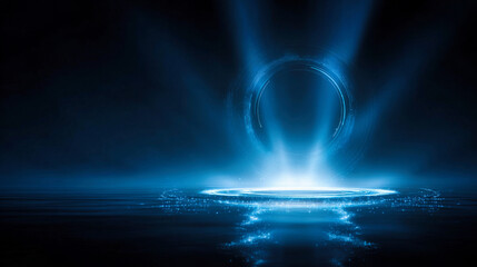 Poster - A futuristic and sleek abstract digital technology design featuring circular panels with glowing blue light beams