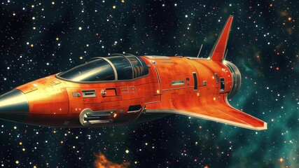 Wall Mural - Exploring a vibrant deep space nebula in a sleek orange spacecraft at warp speed, abel flight through deep space nebula