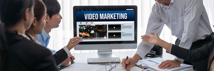 Poster - Business intelligence and data analysis concept. Analyst team working on financial data analysis dashboard on laptop screen as marketing indication for effective business strategic planning. Insight
