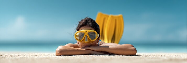 Poster - Young woman wearing a diving mask and flippers is lying on a sandy beach, enjoying the sun and the beautiful ocean view, ready for snorkeling or diving