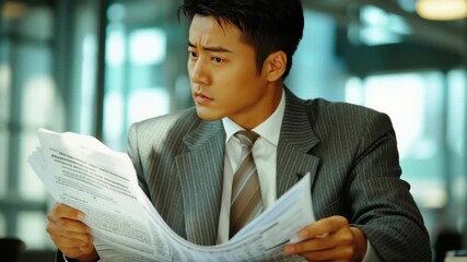 Poster - Business man reviews financial documents in office setting during work hours, business man analyzing business documents and financial schedule
