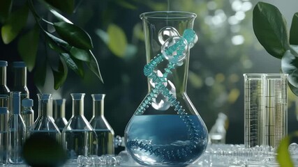 Poster - DNA strand intertwines with beakers and vaccine components in a laboratory setting, dna strand over beakers and vaccine