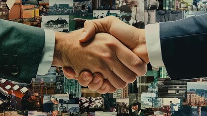 Poster - Collage showcasing business partnerships through handshakes in various professional settings, A collage of various business scenes Transition from a shaking hands scene Title template