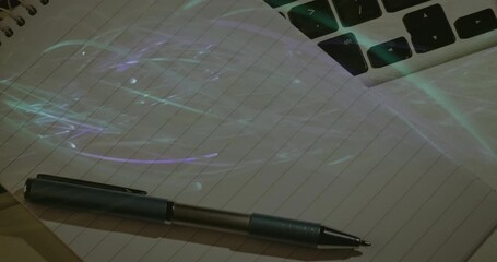Poster - Purple filament emerging from left weaving glowing strands over pen, notebook and keyboard receding