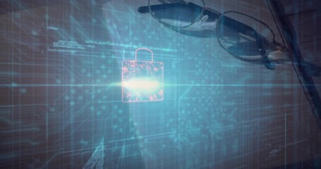 Poster - Bursting blue light initiating briefcase rotating into neon lock securing data over glowing circuit