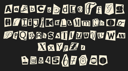 Aufkleber - Set of monochrome anonymous font. Magazine cutout alphabet. Cuts from newspaper. Letters on pieces of paper in black and white colors. Retro grunge criminal alphabet set. For anonymous message