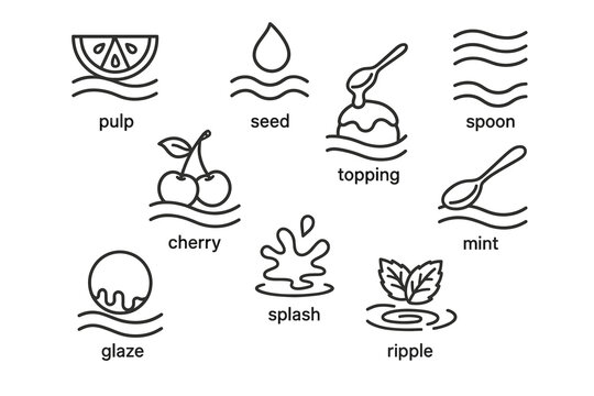 Simple line icons: fruits, toppings, and water patterns with text labels