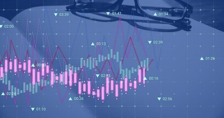 Poster - On playback start, candlesticks drifting with fuchsia line tracing market data over desk