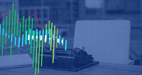 Poster - Start animated chart overlay appearing on desk with bars emerging and trend lines visualizing data