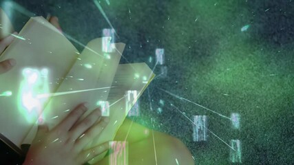 Poster - Child girl flipping book pages and generating green holographic education net visualizing content