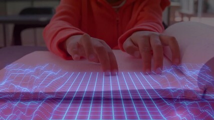 Poster - Child tapping tabletop, interacting with blue grid hologram and pulsing wave for education