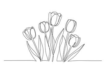 Poster - Continuous line drawing of tulip flowers with stems and leaves on a white background
