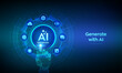 © iuriimotov - Generate with AI button. Artificial intelligence and Machine learning technology concept. AI enters by command prompt to generate ideas. Closeup finger about to press a Generate AI button. Vector.