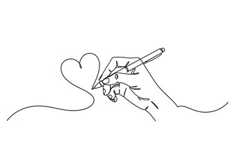 Poster - A hand drawing a heart with a pen in a single continuous line on a white background