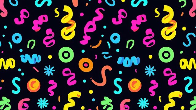 Dynamic Party Celebration Backdrop: Bright Neon-Colored Shapes and Sprinkles for Festive Design