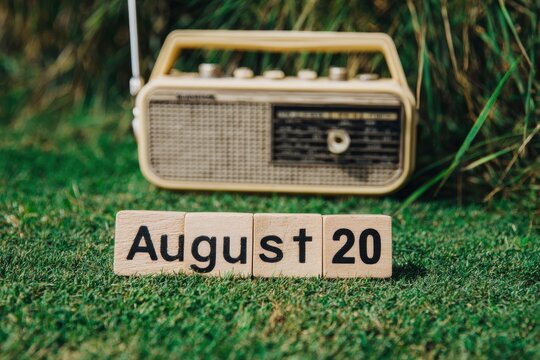 Retro radio sits on grass with wooden blocks spelling August 20 in front suggesting a specific date or anniversary