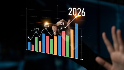 Poster - Business growth forecast highlights increasing trends new year 2026. Growth forecast data, growth forecast strategy, and growth forecast planning are key elements. Latch