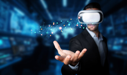 Poster - A businessman wearing virtual reality glasses engages with digital elements in a modern work setting. This image captures the essence of innovation and interactivity in today digital landscape. XDMCP
