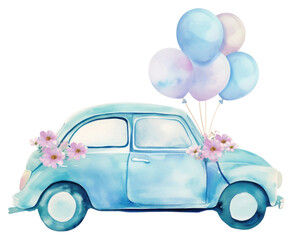  PNG A cute wedding mini car adorned with flowers and balloons illustration watercolor vehicle.
