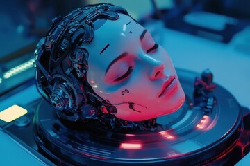 Poster - Cyborg female head displayed on a rotating platform in a futuristic environment, Robotic artificial face Cyborg female head on turntable seamless