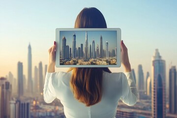 Poster - Businesswoman views Gulf Region skyline through technology tablet in modern city, female business Gulf Region technology tablet real estate development property