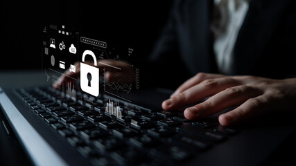 Poster - Digital cyber security lock system highlighting data security encryption, cyber password protection, fingerprint ID, cloud storage safety, and cyber security for online access Latch