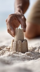Poster - Close up of a man's hand carefully placing the top of a sandcastle tower on a sunny beach, savoring the joy of a relaxing summer vacation by the ocean waves and warm sun