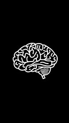Poster - Minimalist black and white vector icon of human brain side view with detailed cerebral cortex and cerebellum illustration on black background